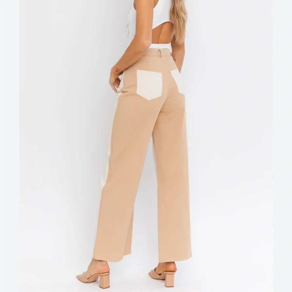 Le Lis Colorblock Wide Leg Pants Womens S Cream Tan High Rise Cotton Minimalist